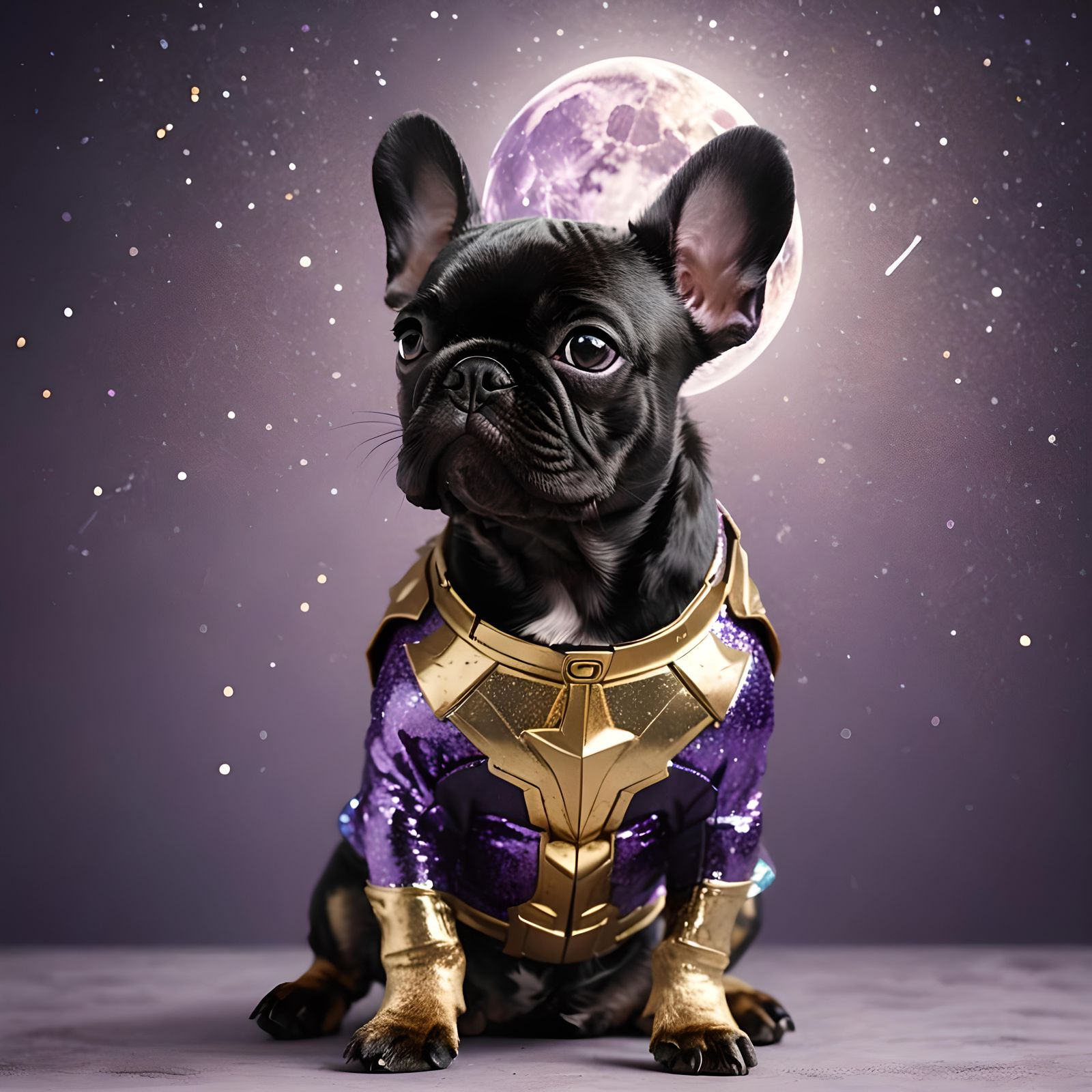 Frenchie Superhero Double Exposure Portrait in Purple and Go...