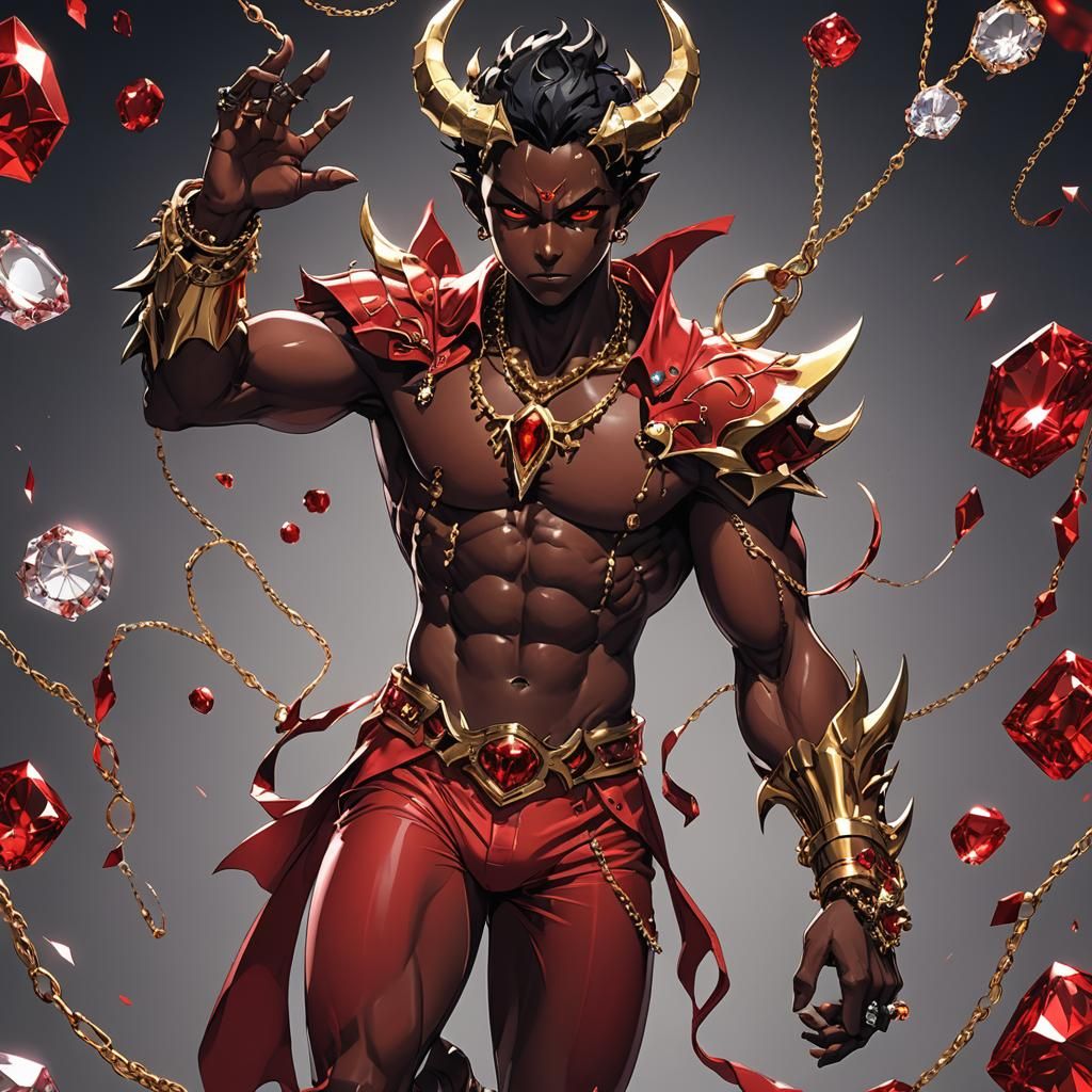 Dark-Skinned Demon Boy in Red Suit: Anime Style