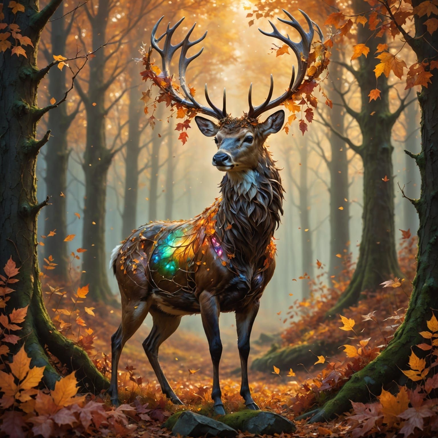 Majestic Stag in Misty Forest with Spectral Hummingbird