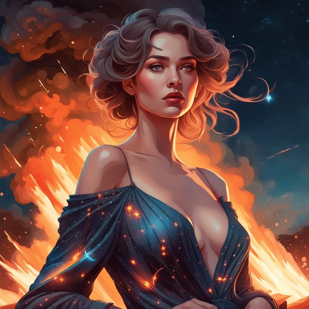 Sensual Woman by Fire Under Starry Sky