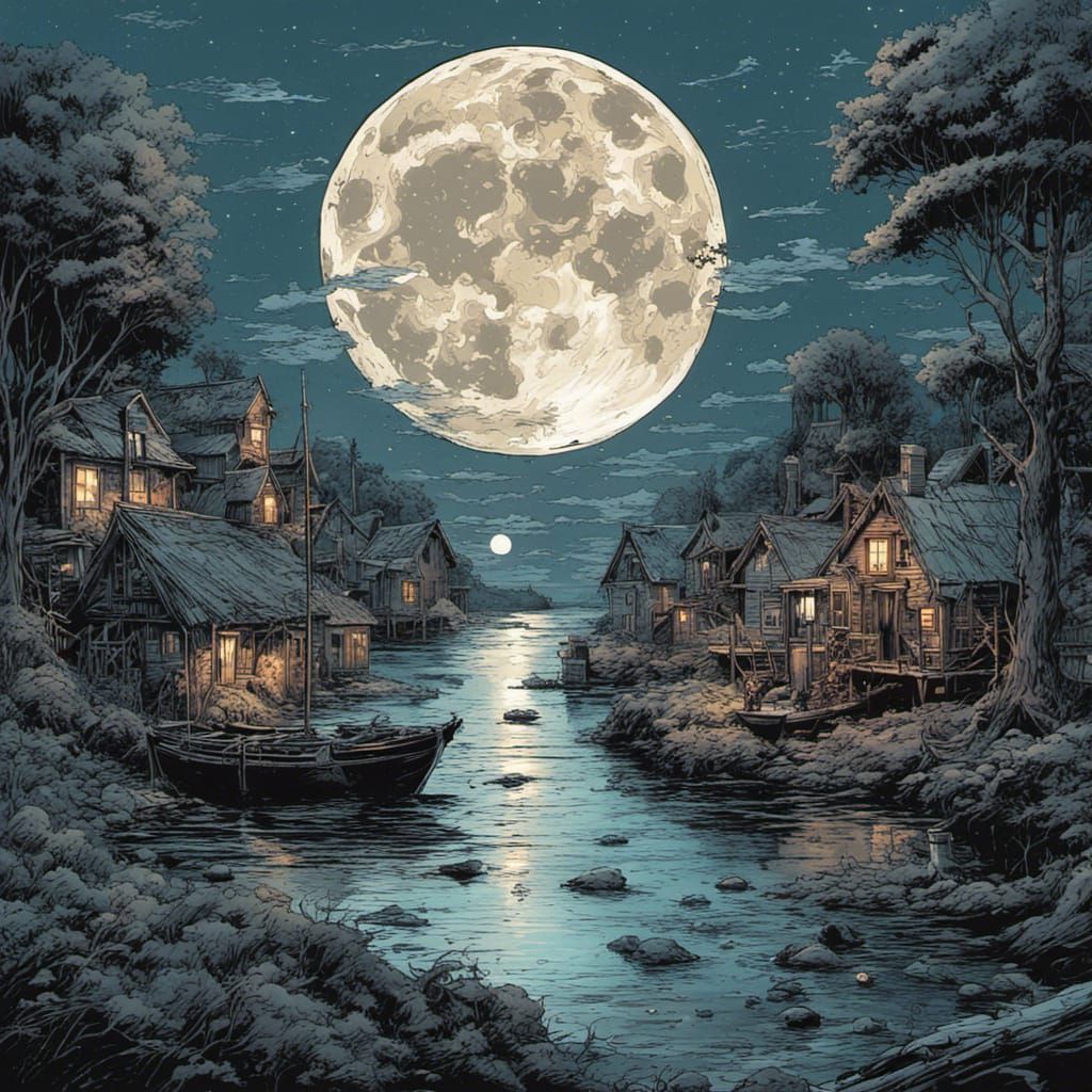 Moonlit Fishing Village: Gothic Comic Art