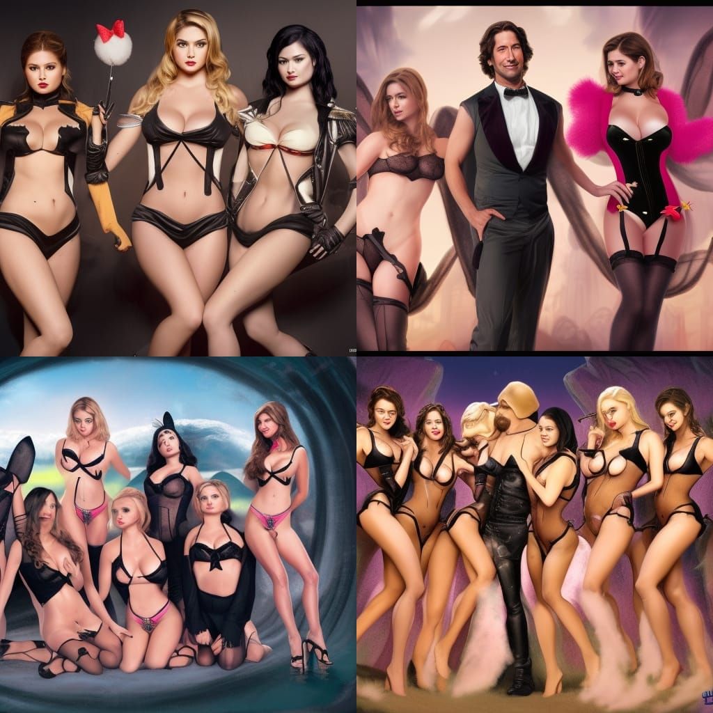 Playboy Bunnies Flanking Tuxedoed Man: Digital Art