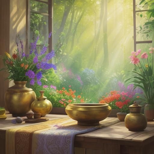 Serene Woman in Oil Painting with Mortar and Pestle