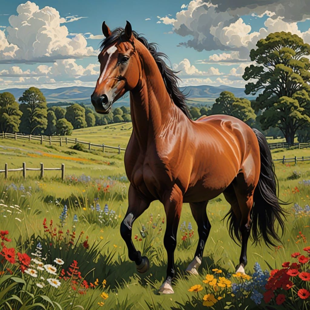 Regal Bay Horse in a Sunny Meadow