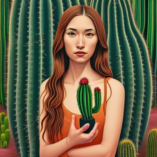 Woman and Cactus Portrait in Maximalist Style