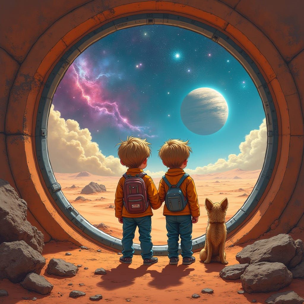 Boys and Dog on Mars Watch Nebula in Acrylic Style