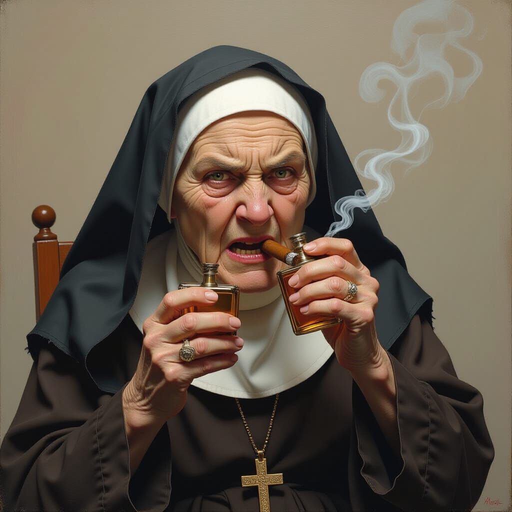 Angry Nun Smoking Cigar in Dark Surrealist Style