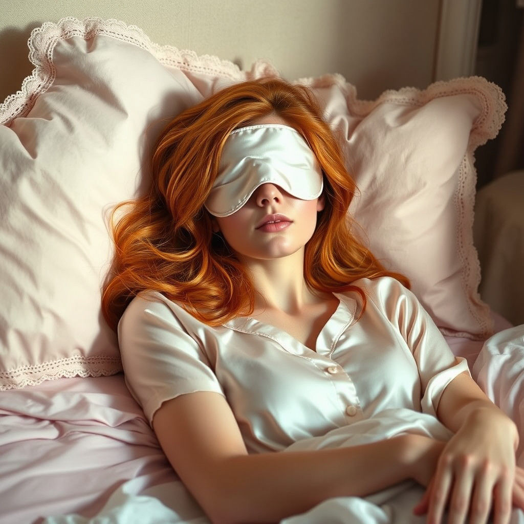 Copper-Haired Woman in Silk Sleep Mask