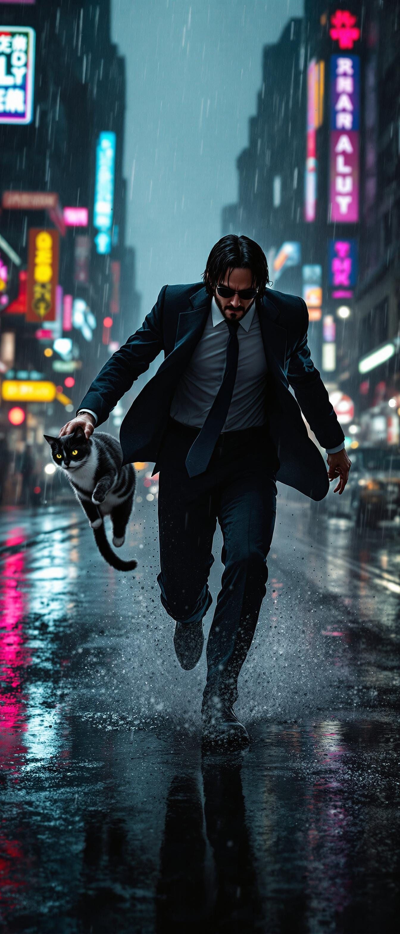 Sleek Hitman and Feline Sidekick Unleash Fury in Neon-Lit Ci...