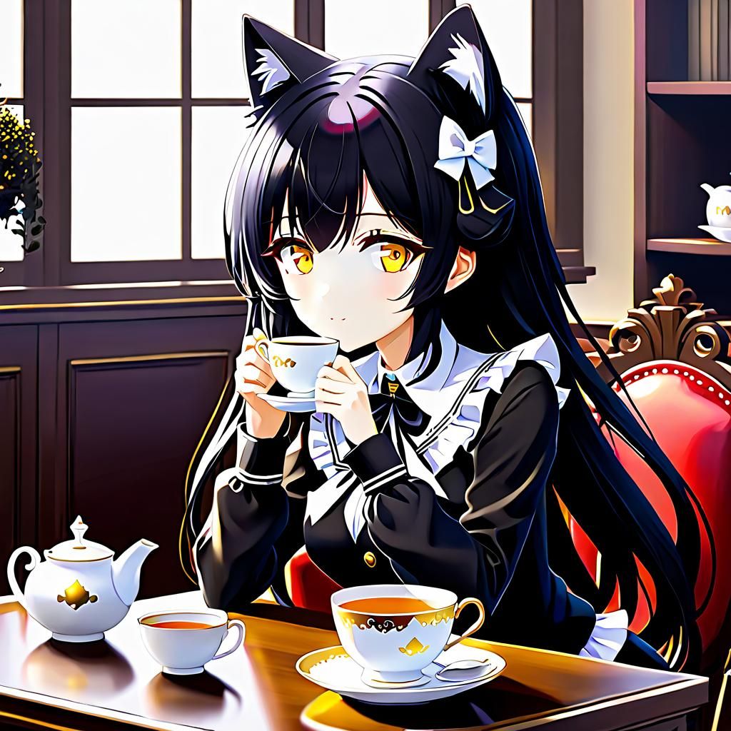 Anime KuroNeko Girl Enjoying Tea Time