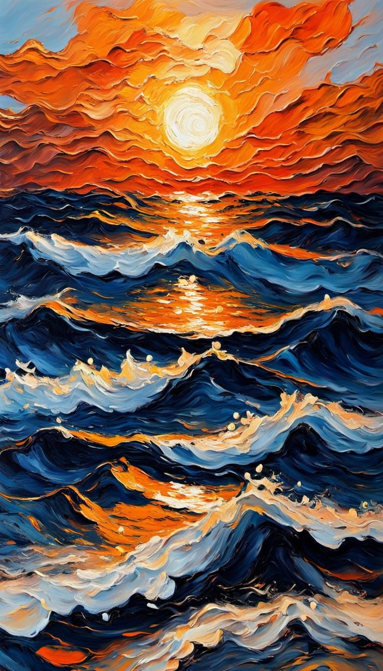 Expressionist Sunset Ocean Waves in Impasto Style