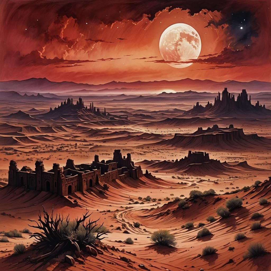 Desert Ruins Under Moons: Watercolor and Ink Landscape