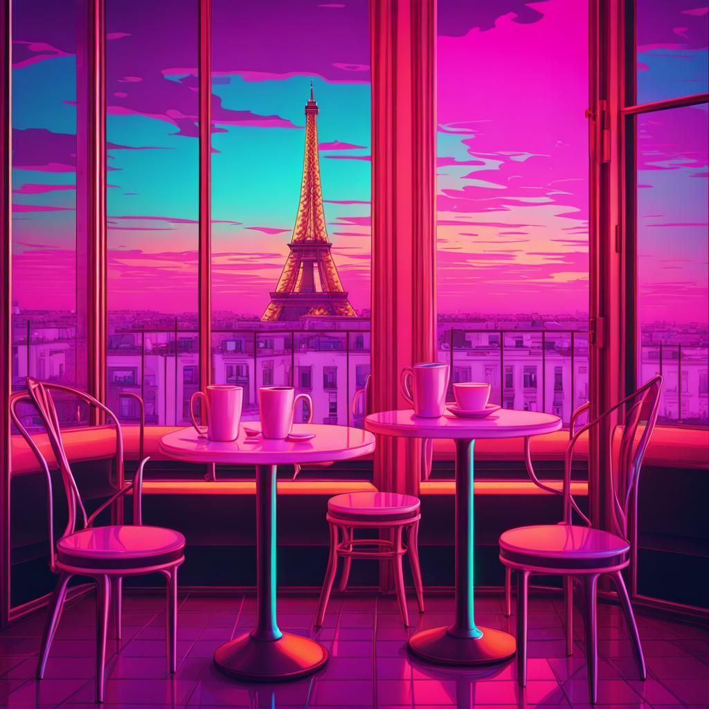 Vaporwave Parisian Cafe with Eiffel Tower