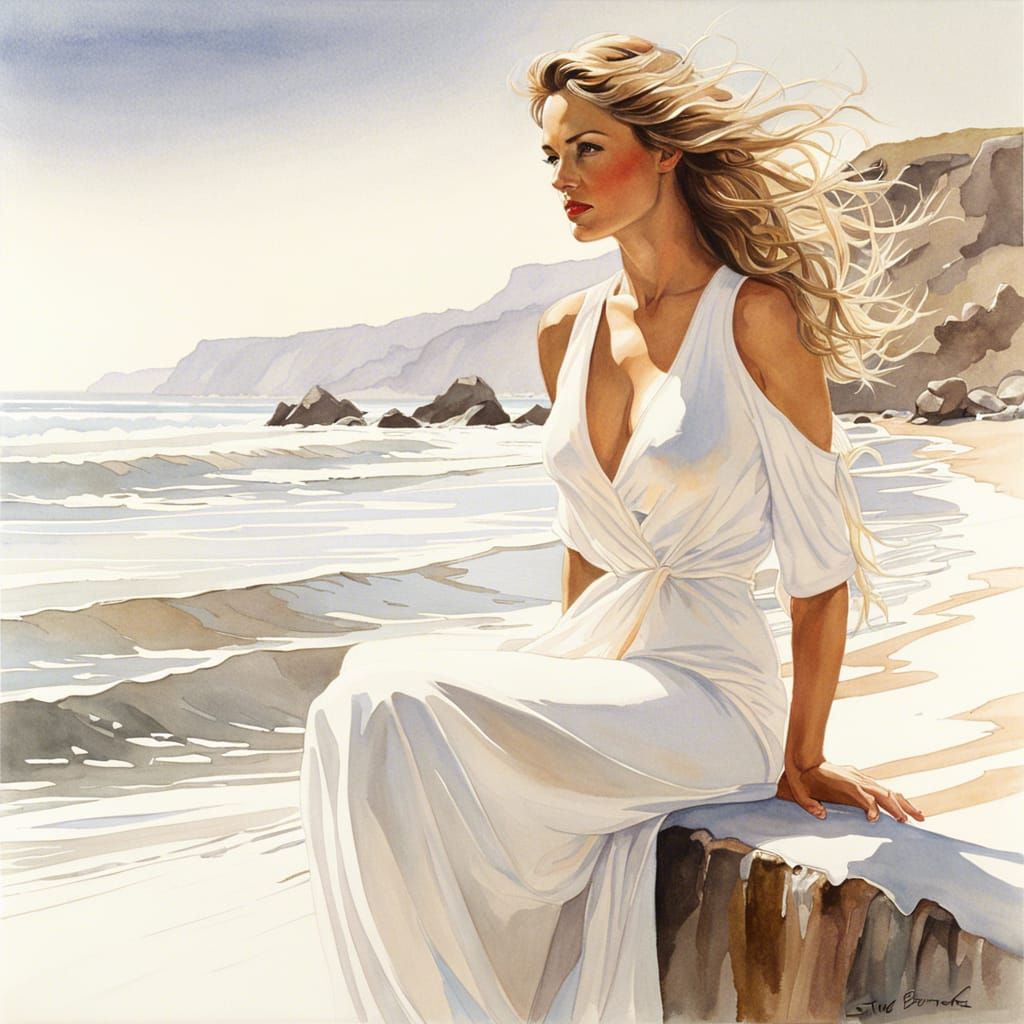 Watercolor Portrait of Woman on Seaside