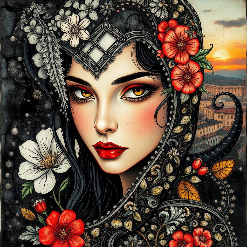 Neon-Lit Medieval Beauty in Intricate, Layered Art