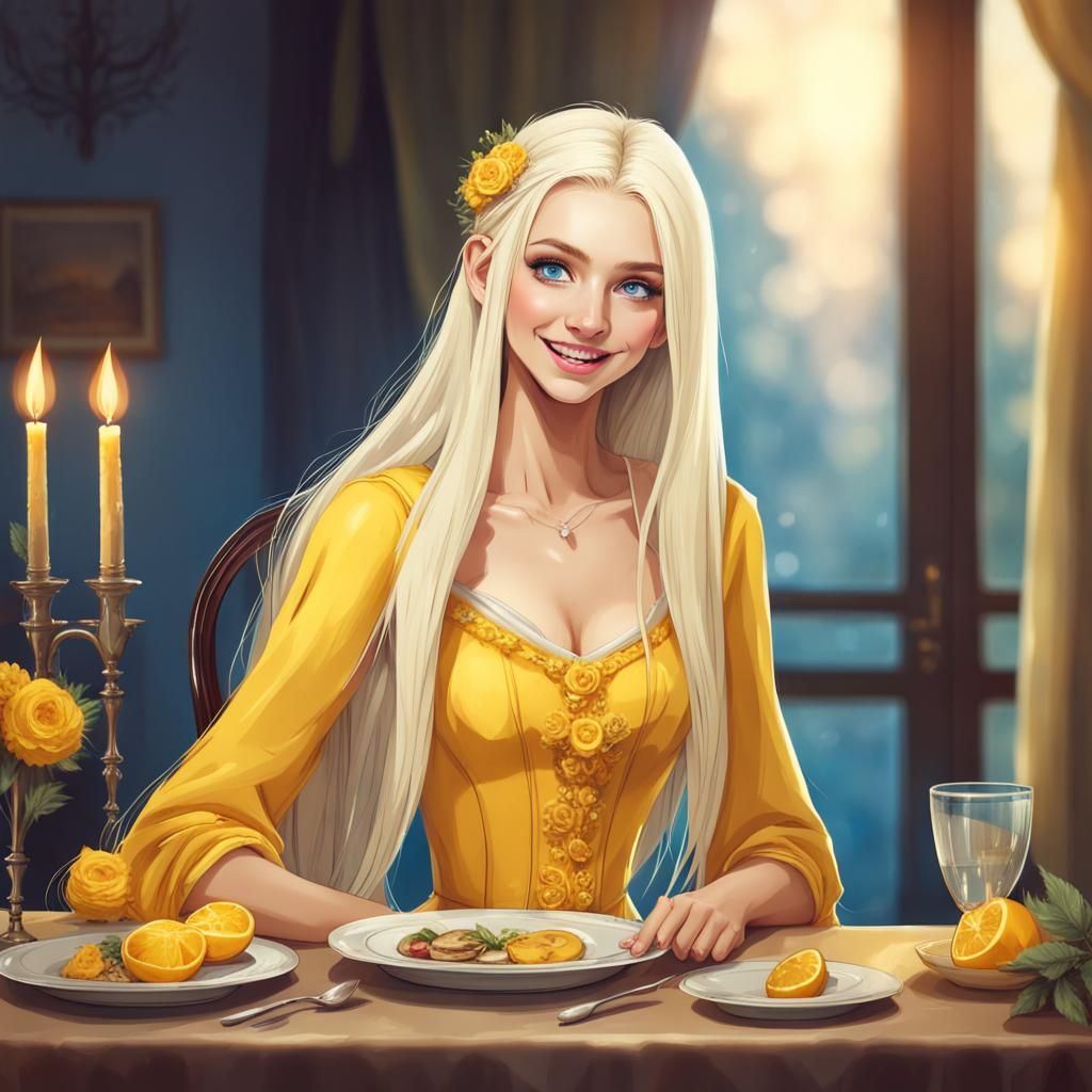 Fantasy Noble Girl with Blonde Hair at Dinner