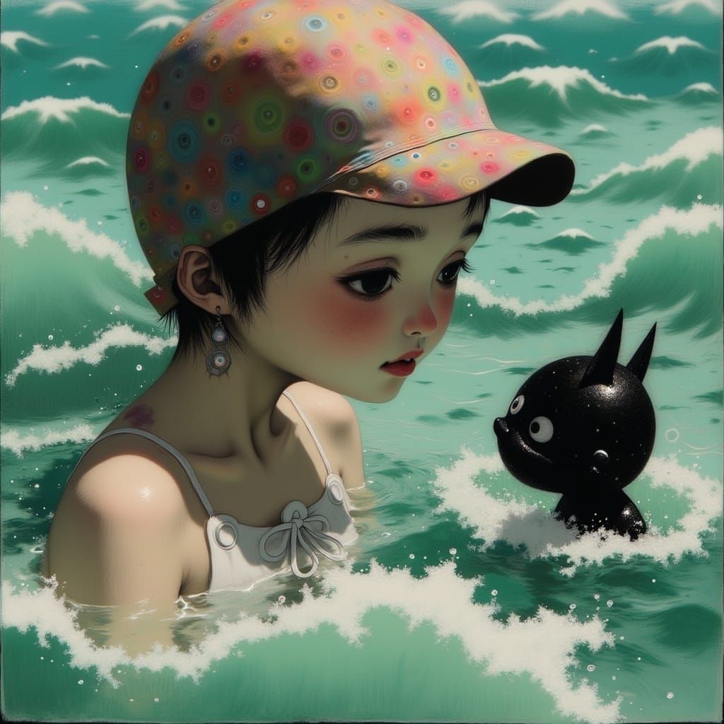 Cute Yet Unsettling Mermaid-Like Girl Floats in Turbulent Wa...