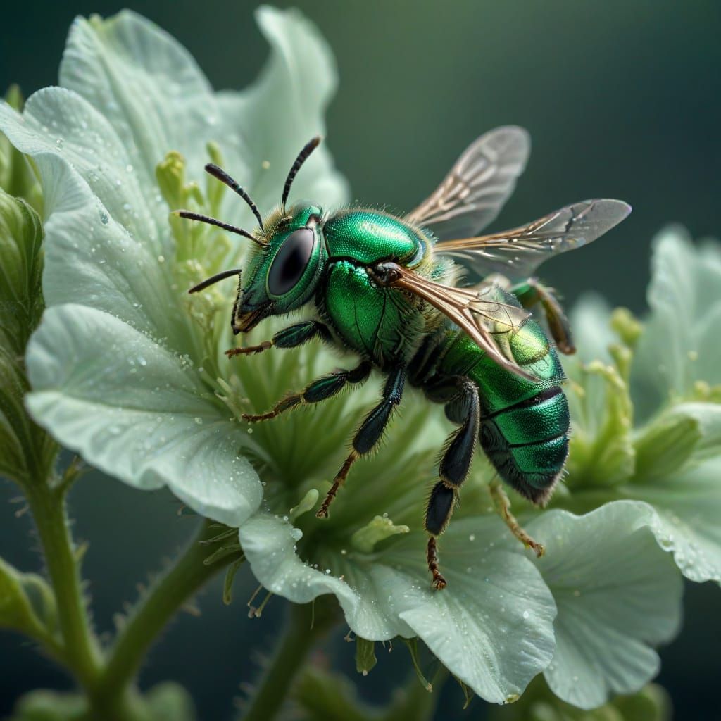 Intricate Metallic Green Bee on Vibrant Sweet Pea Blooms in ...