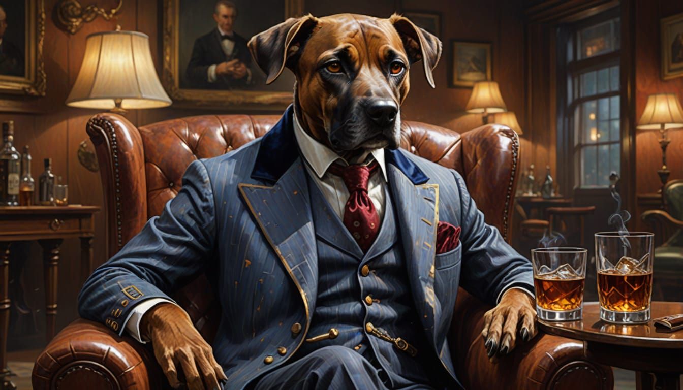 Soulful Brindle Hound in Elegant Smoking Jacket Oil Painting
