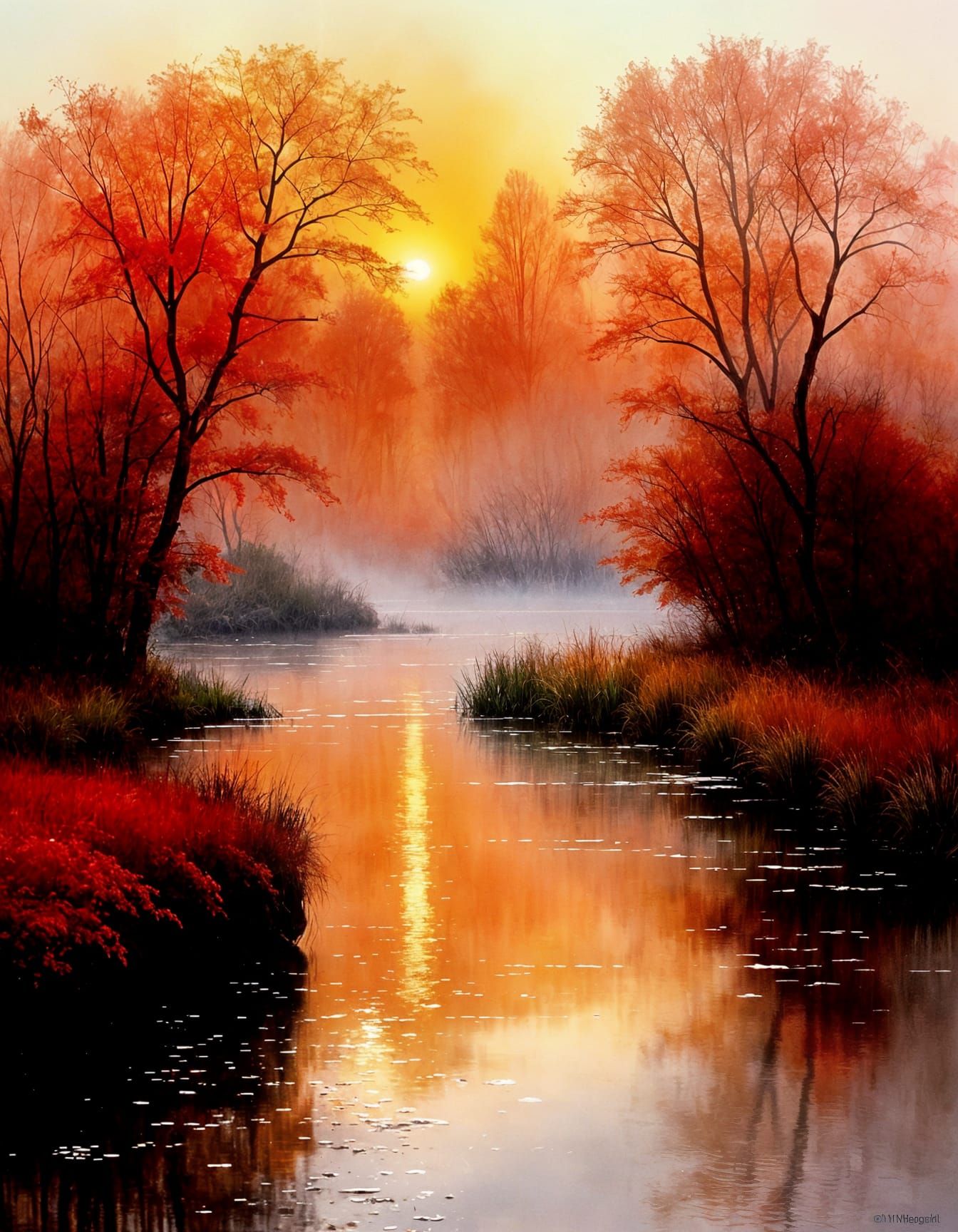 Misty Dusk River Scene with Chinese House