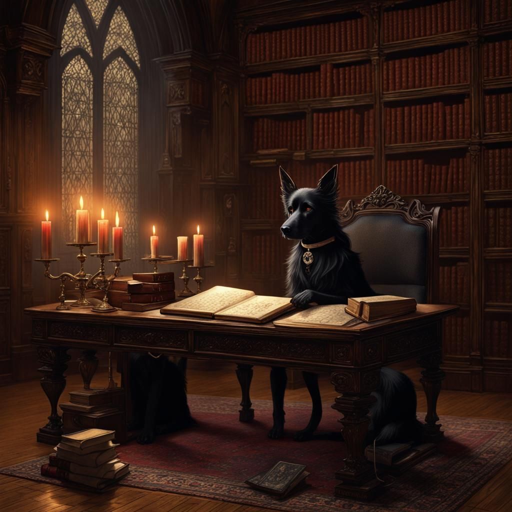Gothic Candlelit Library with Tome-Eared Dog