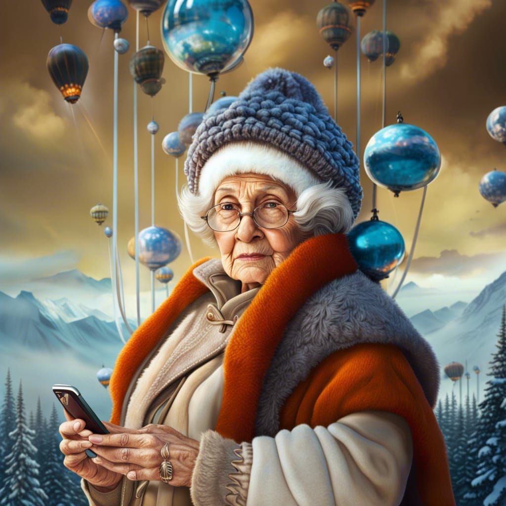 Detailed Painting of Old Woman Using Cellphone