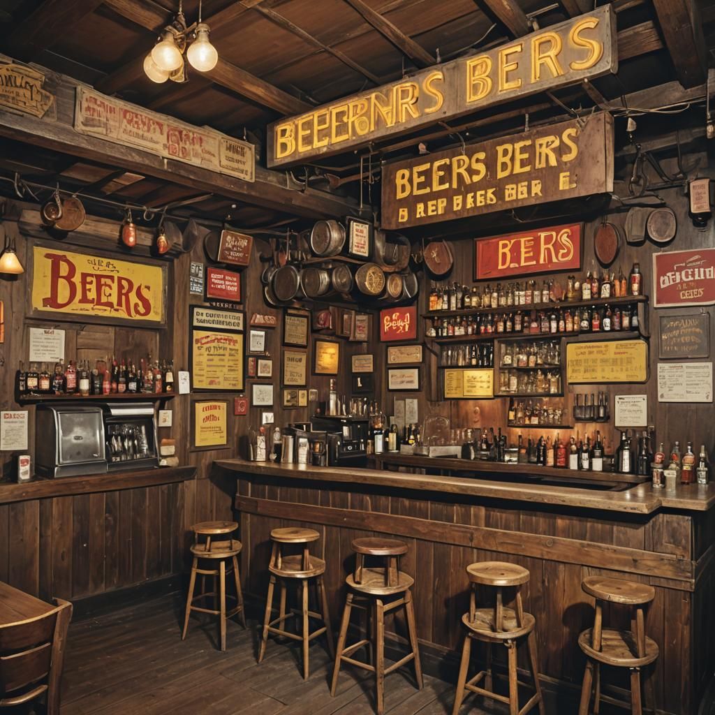 Rustic Bar Interior with Warm Lighting and "Beers" Sign