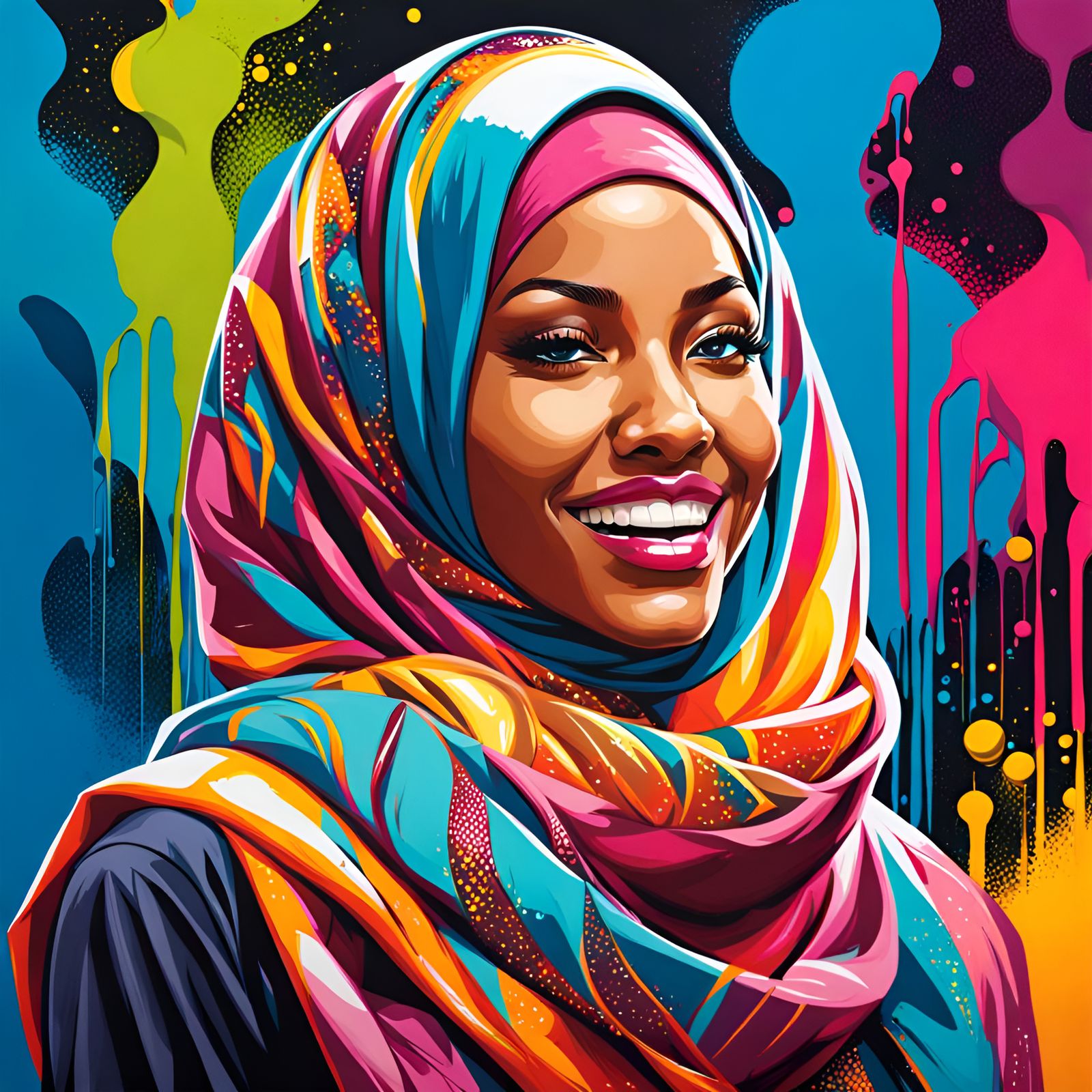 Beautiful Woman with Hijab in Graffiti Art Style