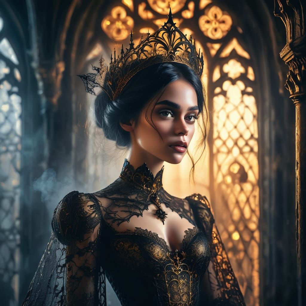 Elegant Gothic Princess in Dark Castle