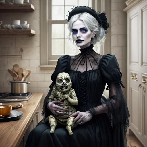 Happy Mummy Portrait in Tim Burton Style Kitchen