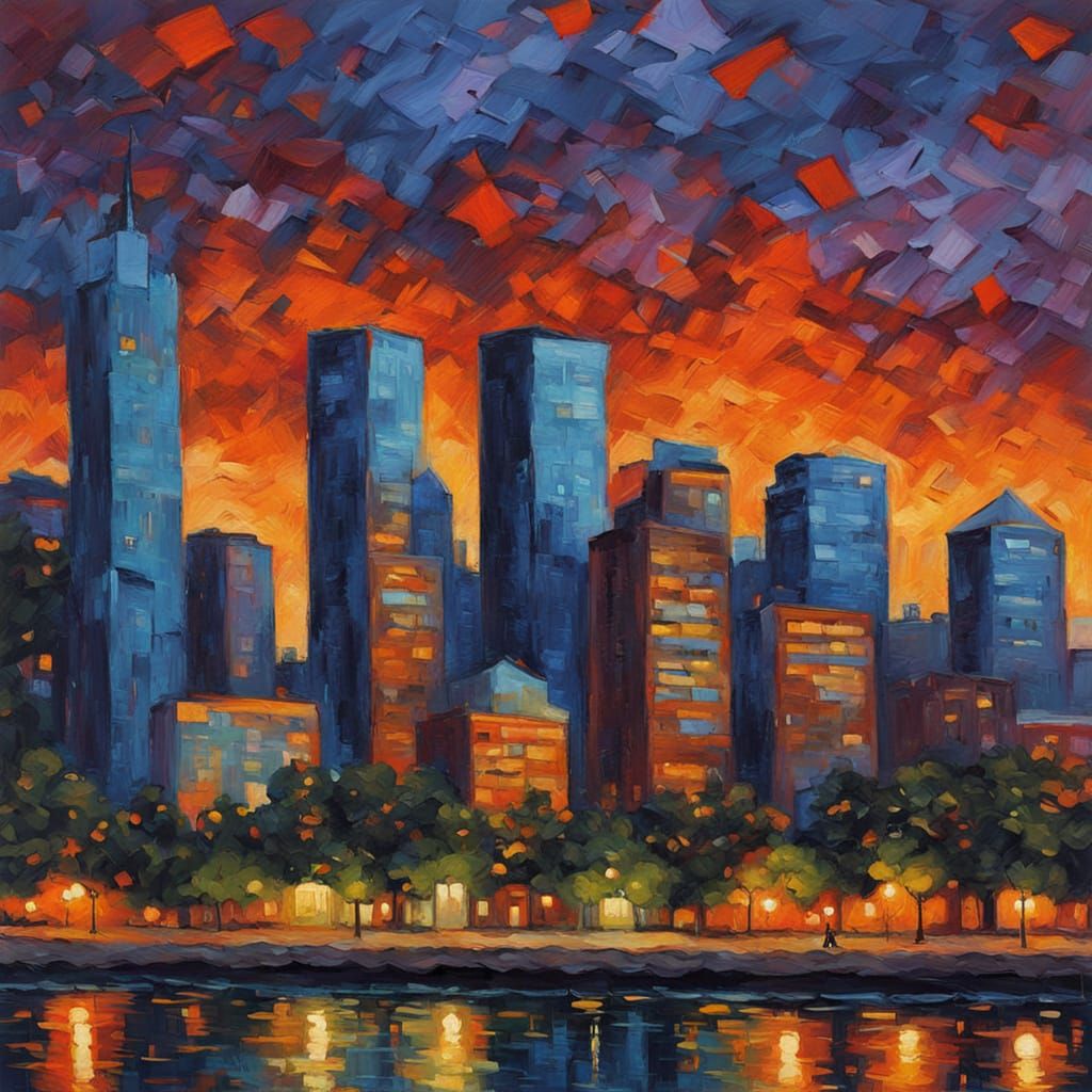 Denver Skyline at Dusk: Neo-Impressionist Oil Painting