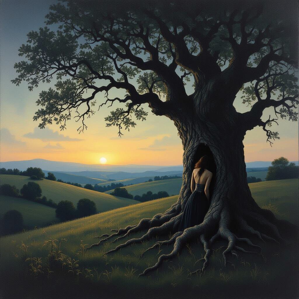 Somber Oil Painting of Woman Bound to Oak Tree Roots