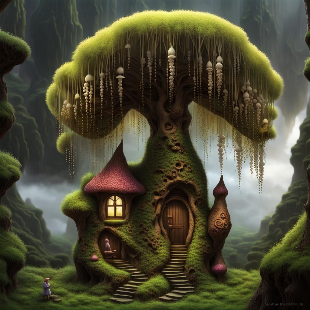 Gnome Home and Orchid Garden in Gouache Style