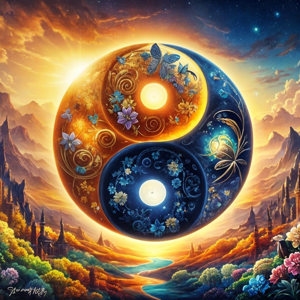 Yin Yang Symbol with Metallic Flowers and Butterflies