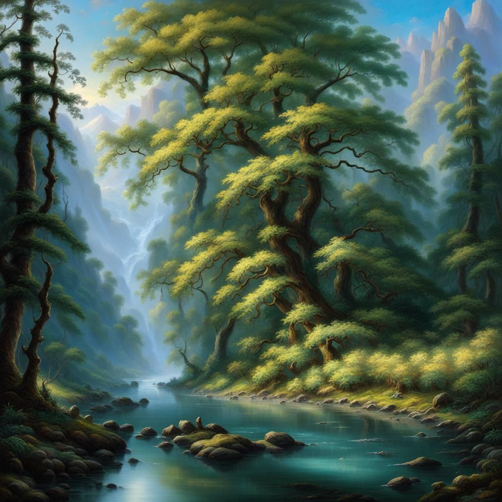 Fantasy River in Alpine Forest: Luminist Painting