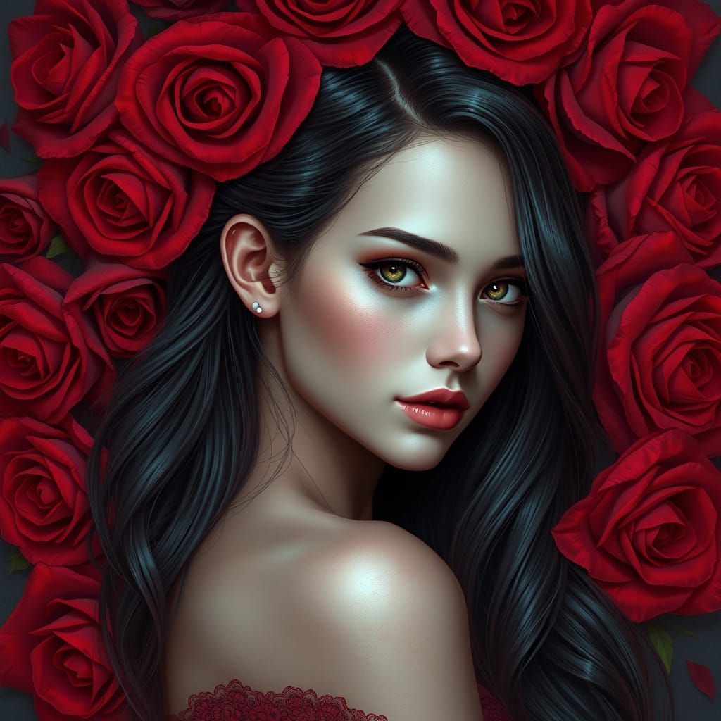 Surreal Goddess with Luscious Hair and Vibrant Roses