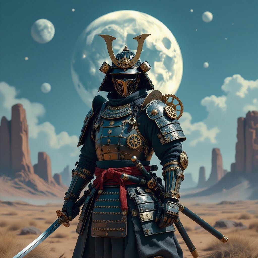 Steampunk Samurai Guarding Ruins Under Multi-Moon Sky