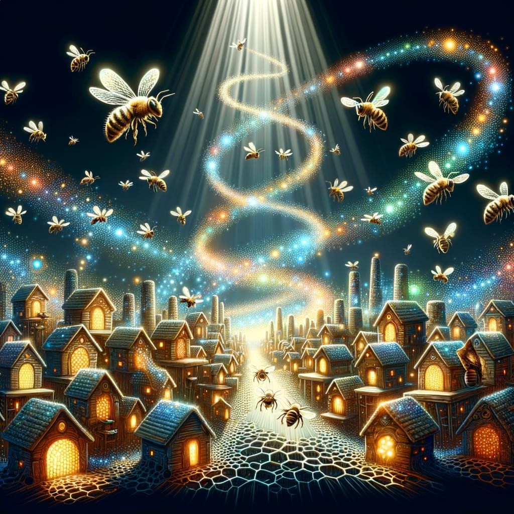 Surreal Bees Leave Glowing Trails in Whimsical City