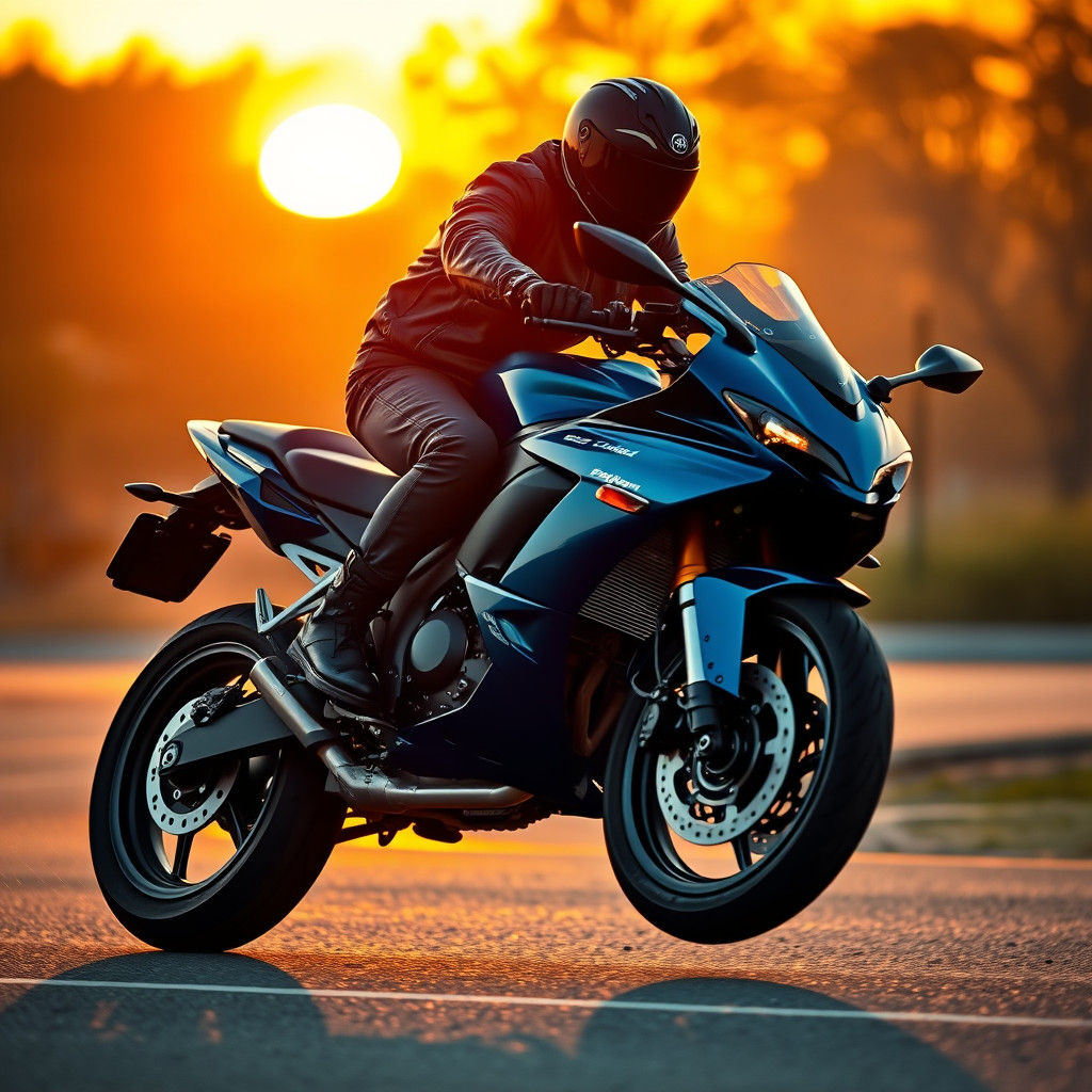 Motorcycle Rider Sunset Wheelie in Professional Style