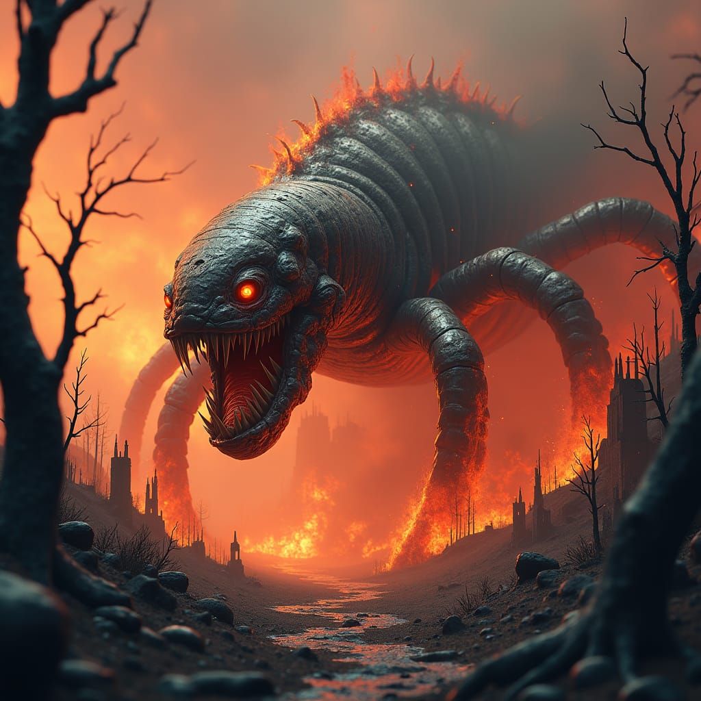 Infernal Centipede in Hellscape: Matte Painting Style