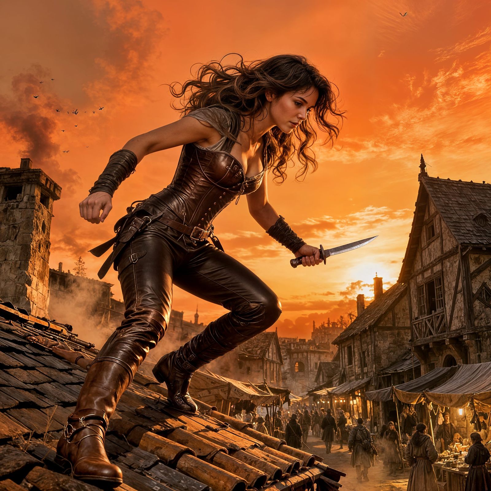 Female Rogue Sneaking Over Rooftops at Sunset