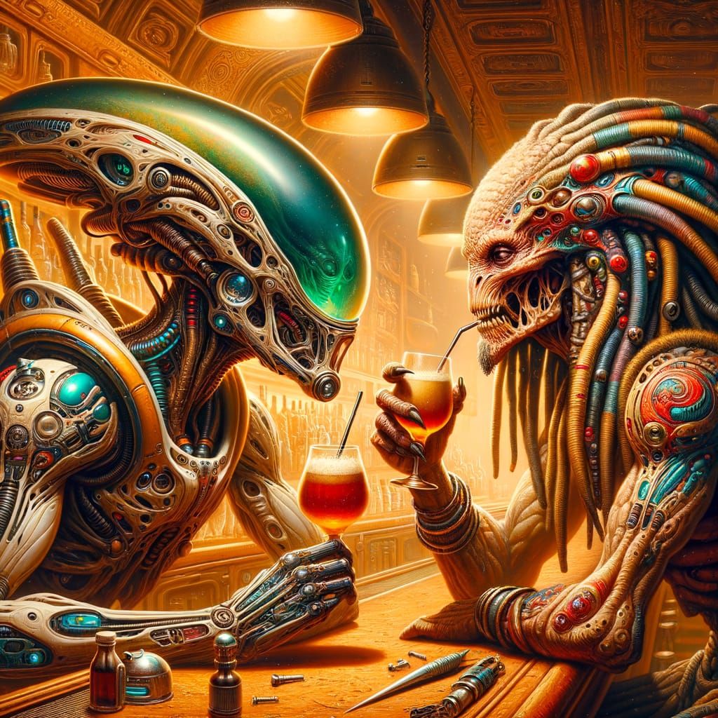 Alien and Predator at a Fantasy Bar