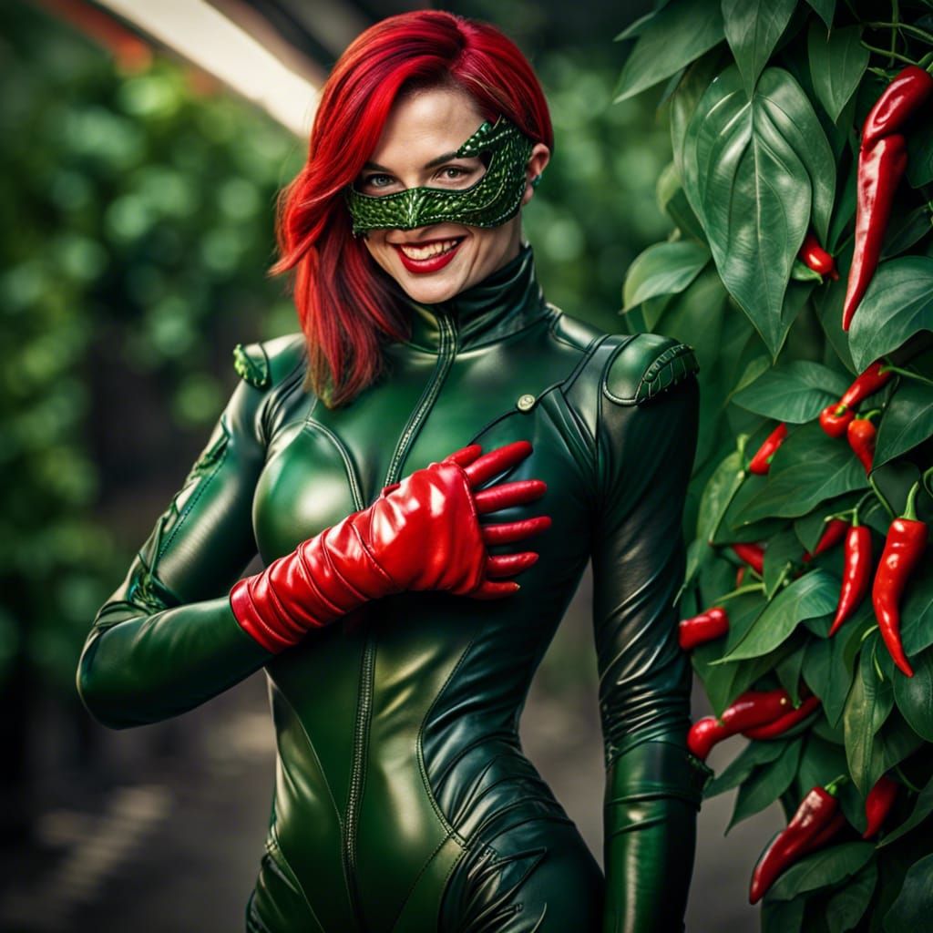 Futuristic Pepper Vine Superheroine in Slim Leather Catsuit