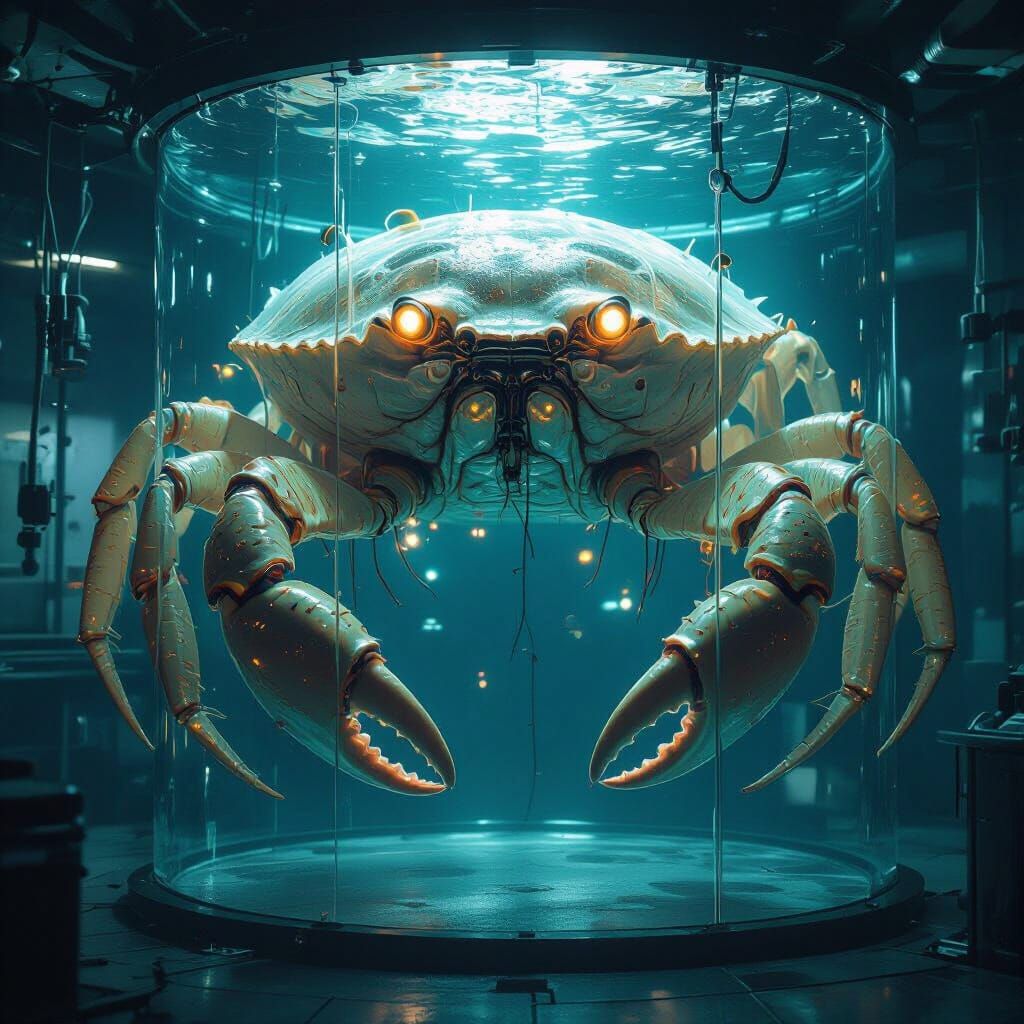 Translucent Crab-Eel Hybrid in Underwater Lab