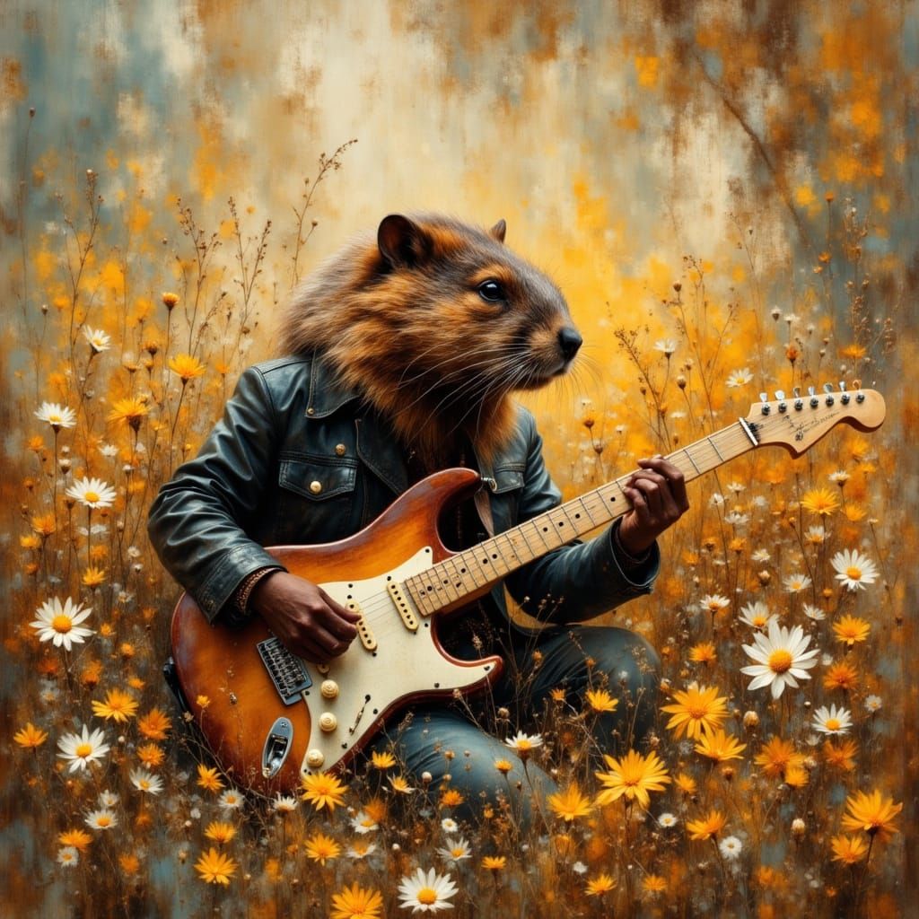 Beaver Rockstar Playing Guitar in Flower Meadow