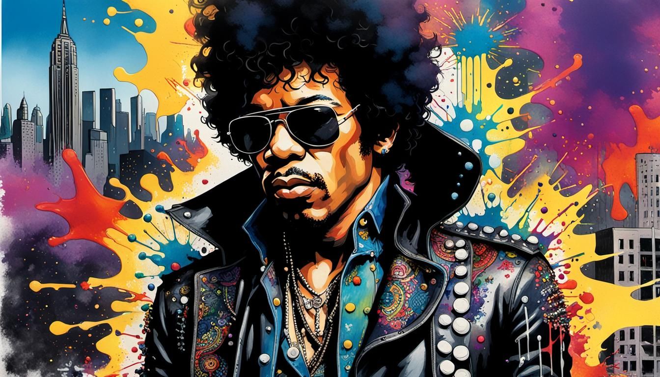 Jimi Hendrix Pop Art Portrait with Acrylic Paint Drips