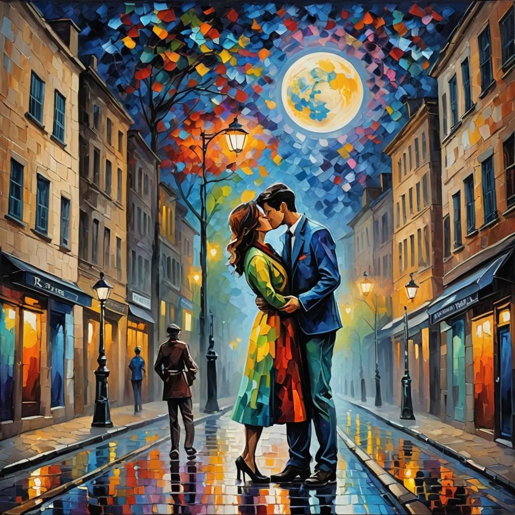 Romantic Couple Kissing: Expressionist Oil Painting