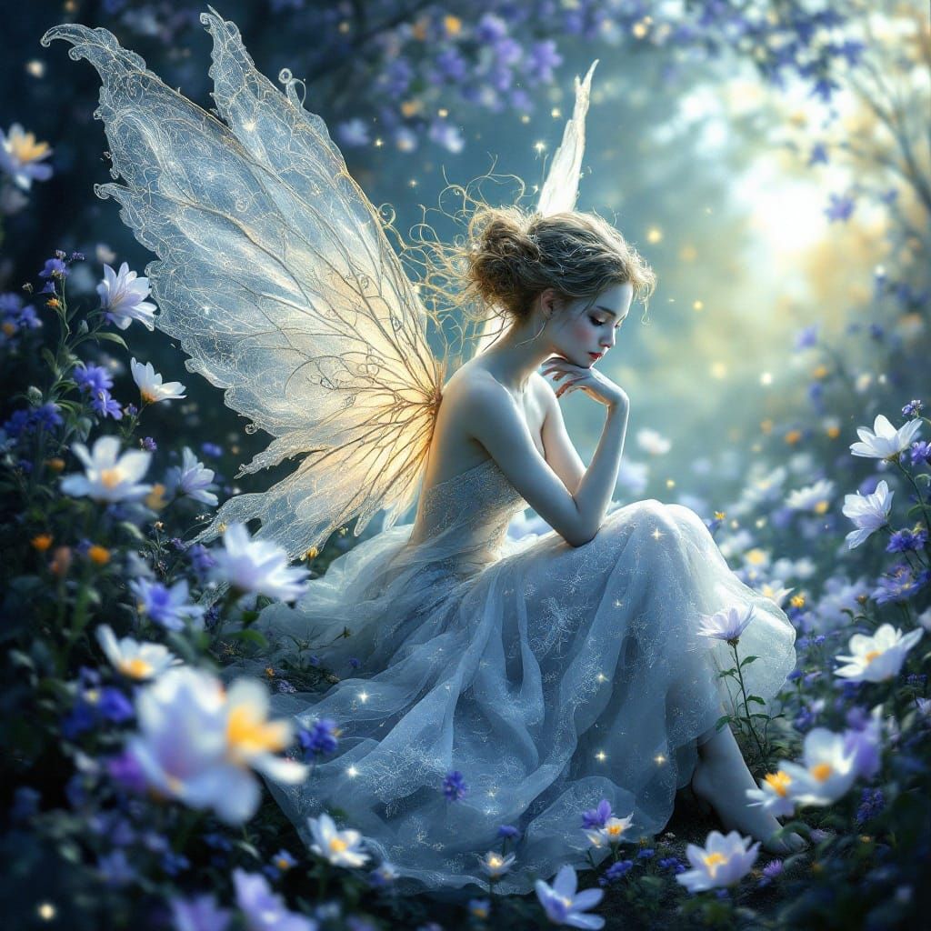 Ethereal Fairy Amidst Whirling Flowers in Iridescent Gown