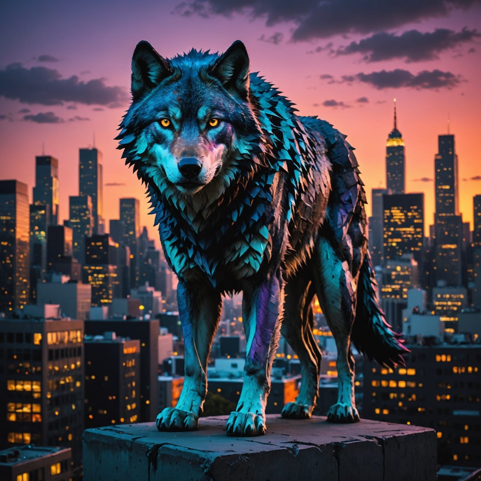 Majestic Wolf Guardian in Twilight Cityscape