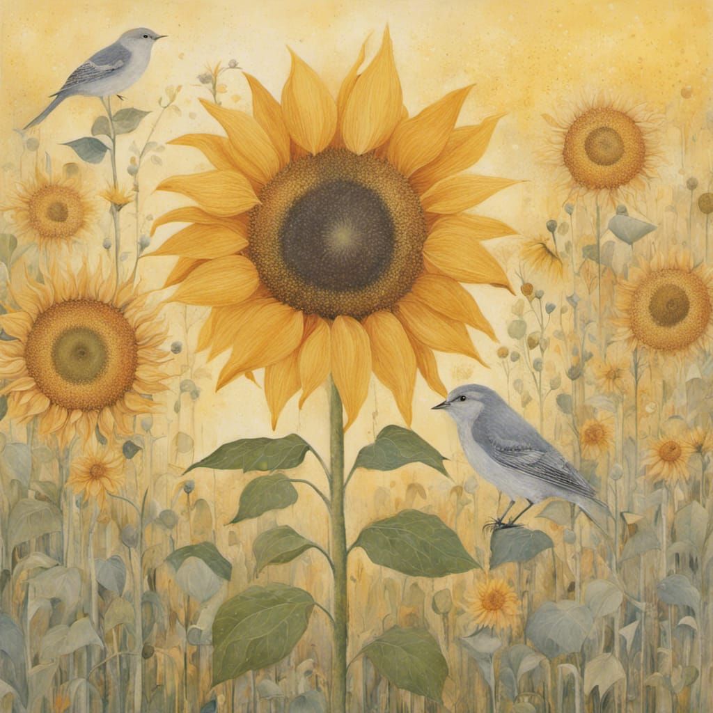 Sunflower and Bird at Sunset Painting